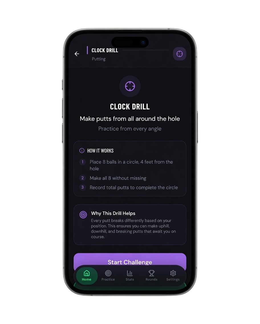 Clock Drill challenge in the Scoring Zone app — make putts from all around the hole
